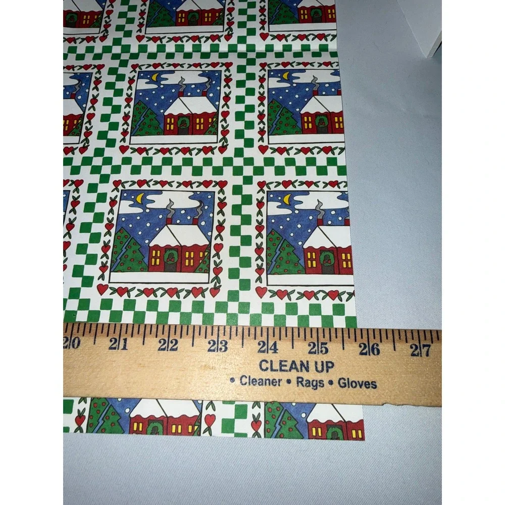 Vintage Christmas Gift Wrap Folk Art Snowy Cottage Green Checkerboard 25x20